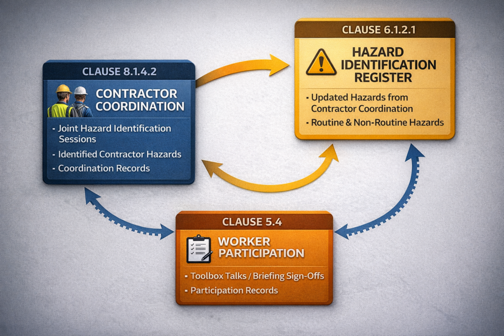 Stage 2 auditor reviewing hazard register for contractor activity entries