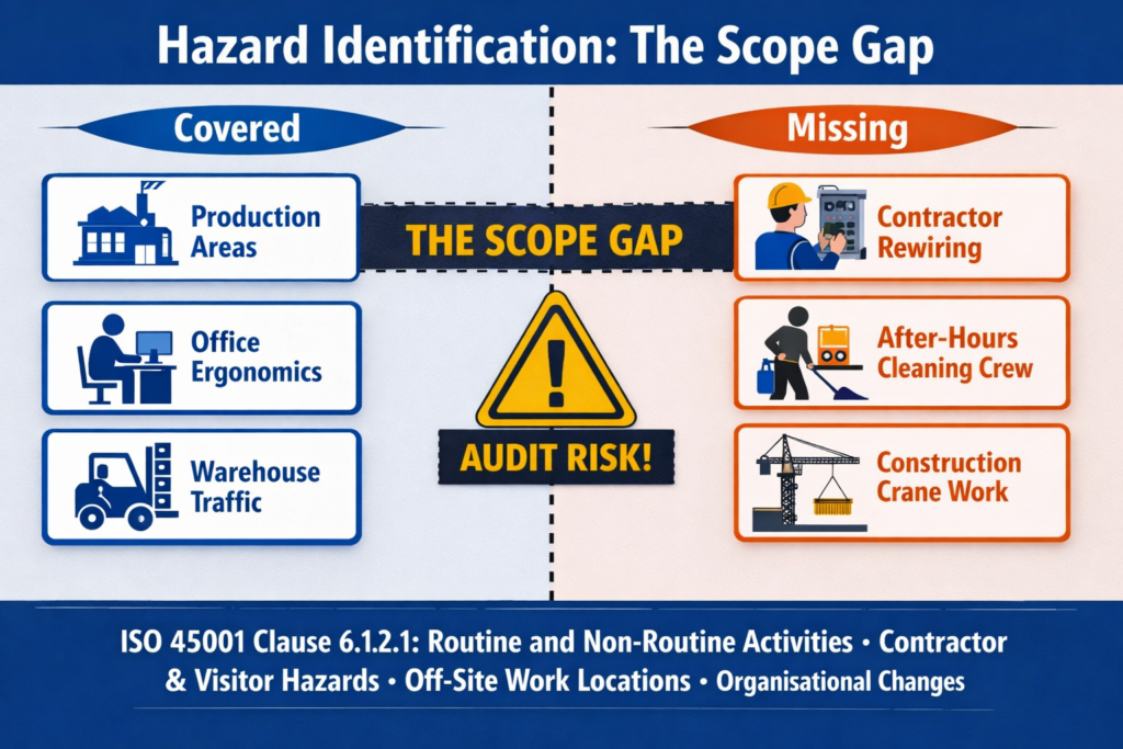 Flowchart linking Clause 8.1.4.2 contractor coordination to Clause 6.1.2.1 hazard register