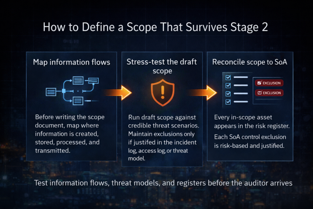 Checklist for reconciling ISMS scope with risk register and Statement of Applicability before Stage 2 audit
