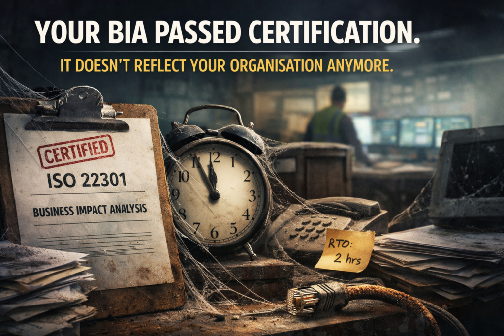 Timeline showing ISO 22301 BIA review gap between certification and surveillance audit