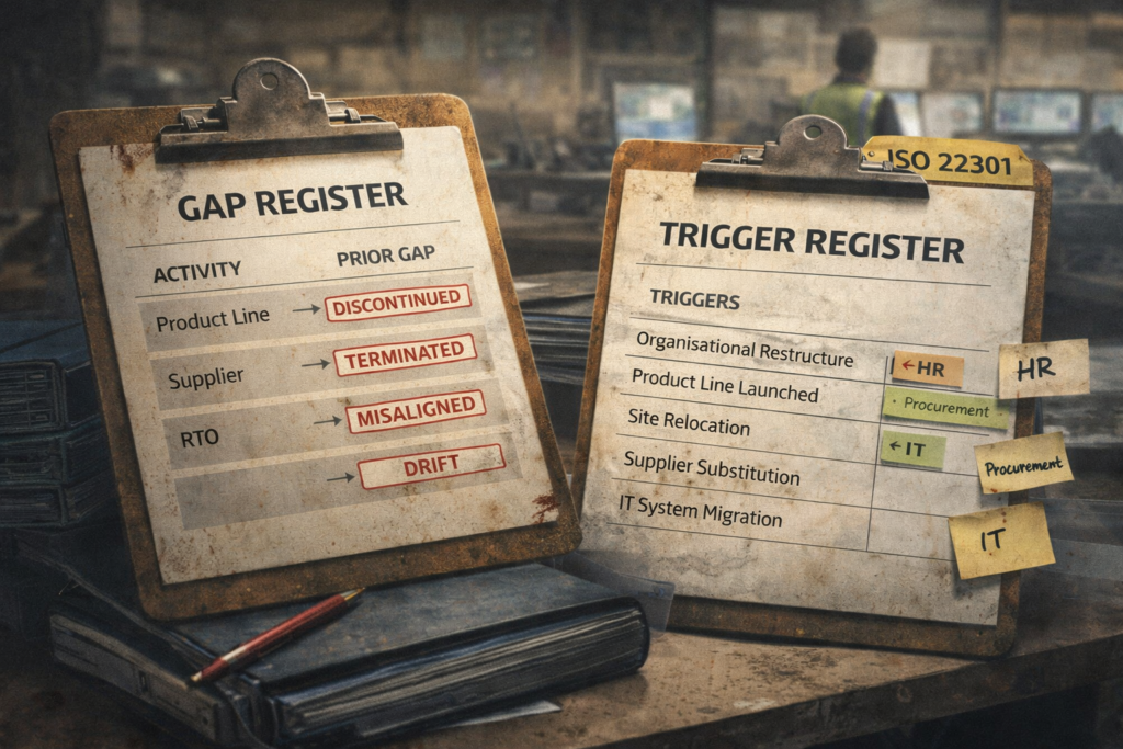 Example BIA review trigger register with operational change categories