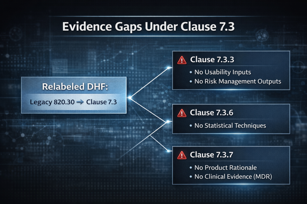 Three ISO 13485 Clause 7.3 gaps where relabeled DHF records fail FDA QMSR