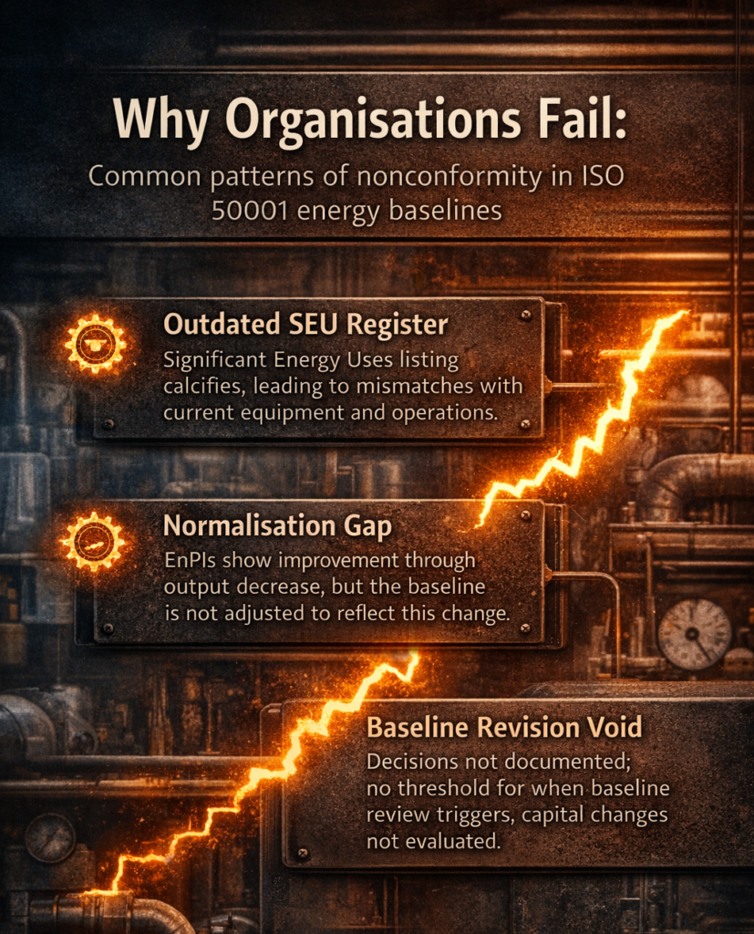 Energy baseline revision trigger protocol flowchart with significance thresholds