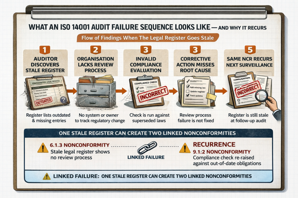 Diagram showing how Clause 6.1.3 and 9.1.2 create linked nonconformities in ISO 14001 audits