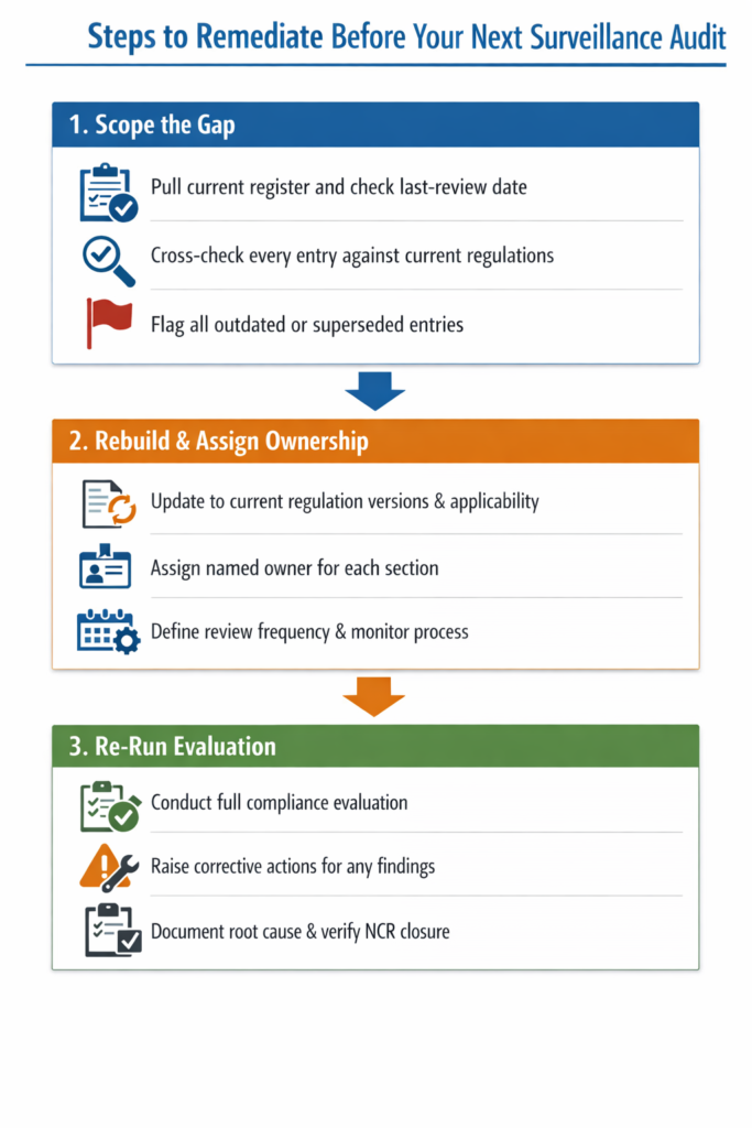 Three-step process to rebuild a stale ISO 14001 legal register before surveillance