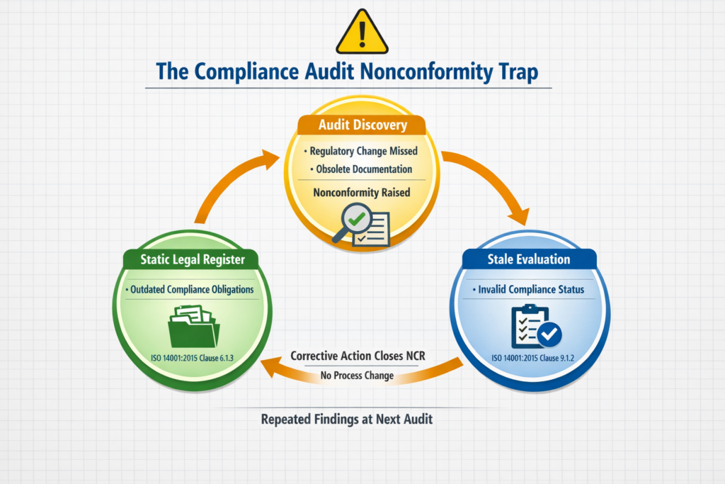 Auditor reviewing an ISO 14001 legal register during surveillance audit