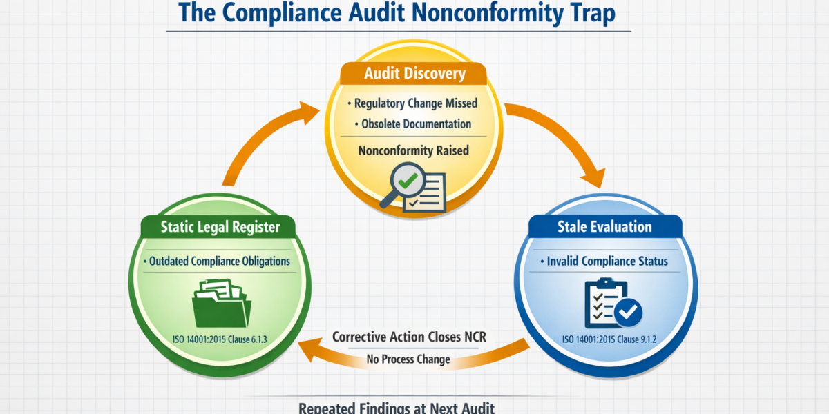 Auditor reviewing an ISO 14001 legal register during surveillance audit