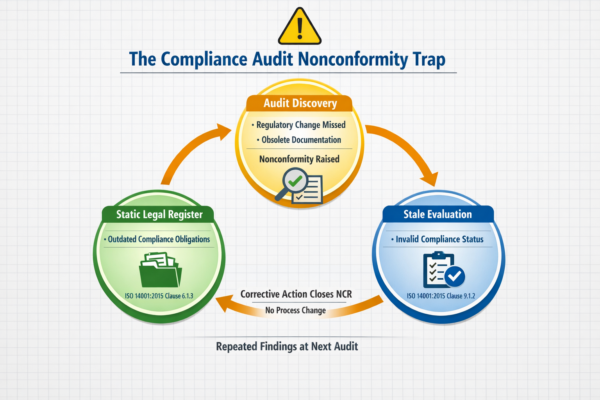 Auditor reviewing an ISO 14001 legal register during surveillance audit