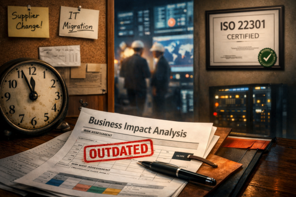 Auditor reviewing ISO 22301 BIA documentation during surveillance visit