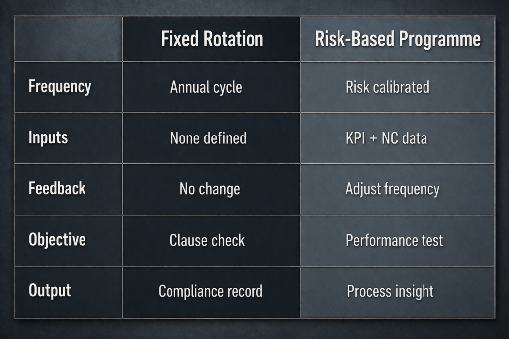 Process risk profile matrix scoring corrective action volume and KPI trends for audit frequency