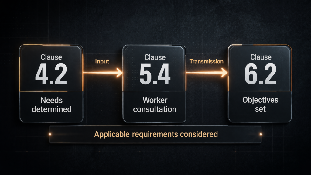 Dependency chain from Clause 4.2 through 5.4 to 6.2 in ISO 45001