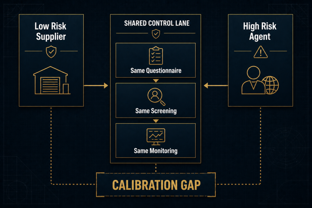 Comparison graphic showing low-risk supplier and high-risk agent routed through the same control lane
