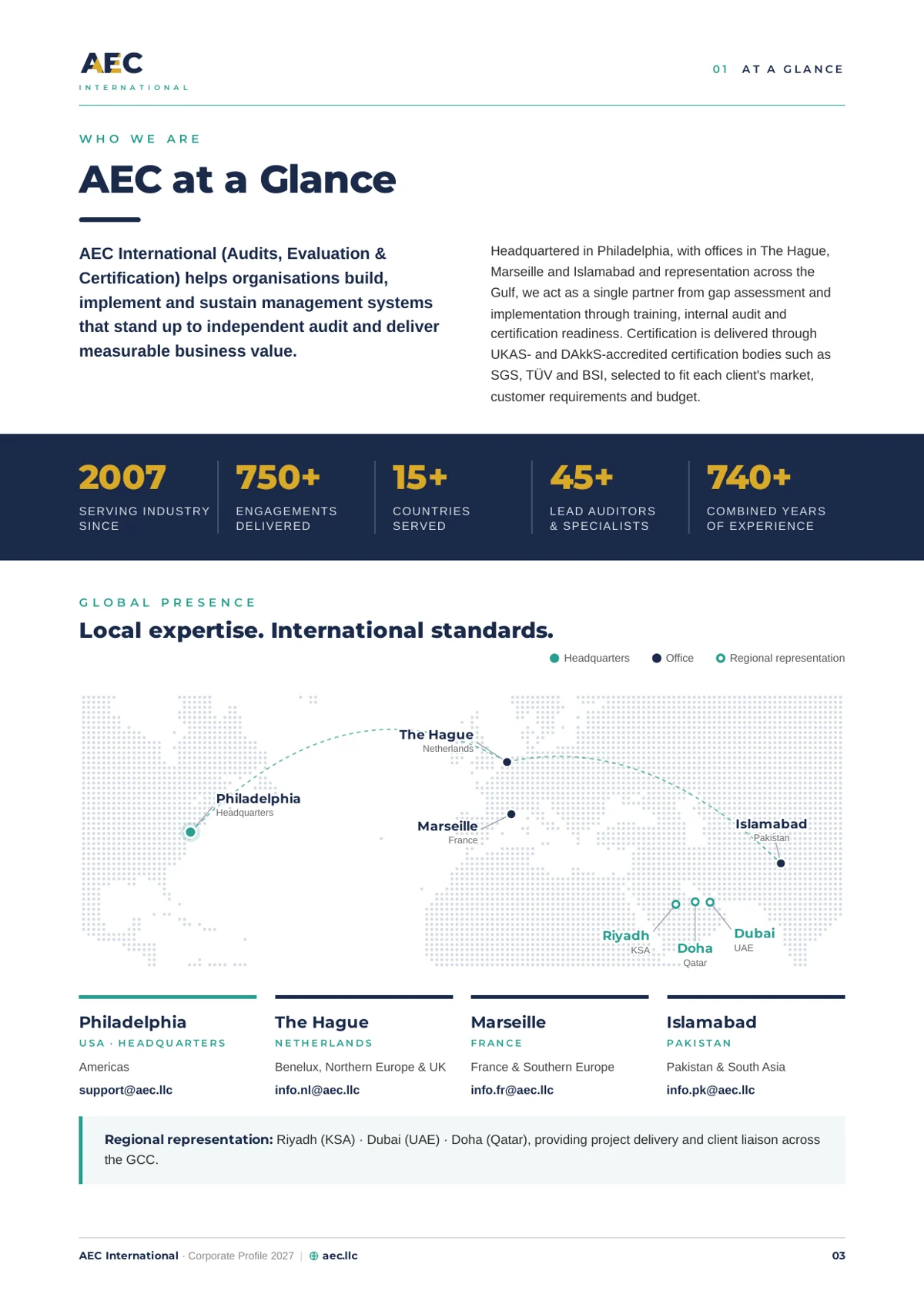 Corporate Profile page 3: AEC at a Glance, with key figures and office locations